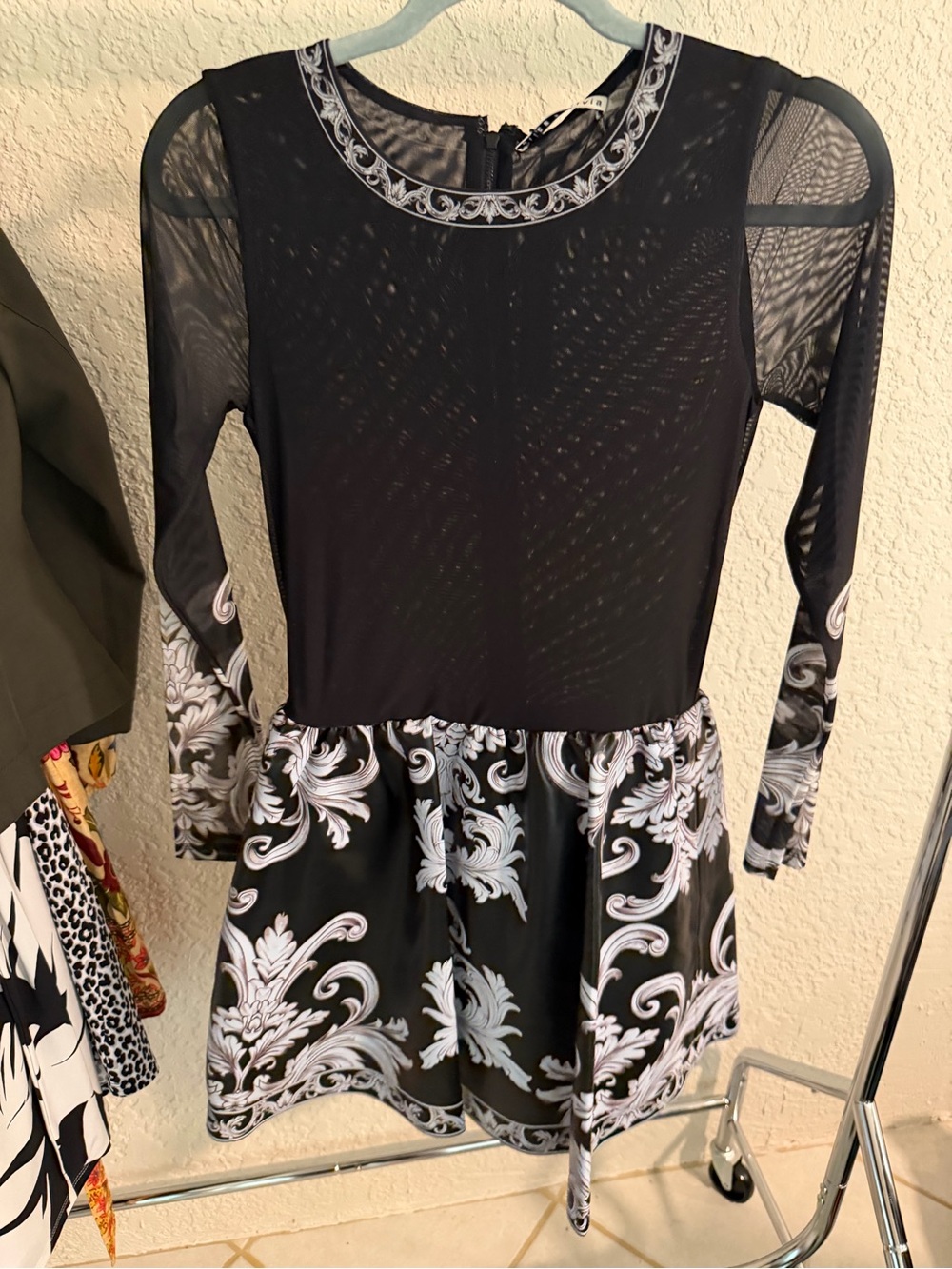 Alice + Olivia Black and White Baroque Fit-and-Flare Dress